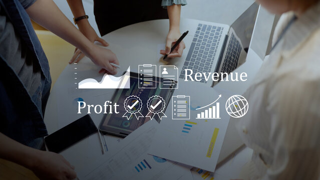 Financial profit and revenue business growth. Digital data analysis chart, global market success strategy, certified corporate quality management, and economic investment planning concept.