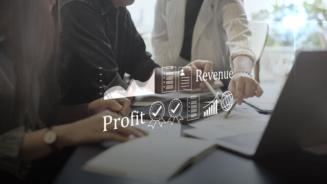 Financial profit and revenue business growth. Digital data analysis chart, global market success strategy, certified corporate quality management, and economic investment planning concept.