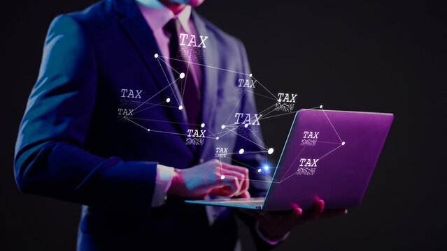 Digital tax filing Tax return financial planning analyzing  data revenue deductions filing income tax online payment mobile app computer technology. Business tax management economy 