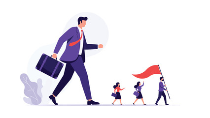 Fototapeta premium Giant business leader carrying a briefcase followed by smaller employees with one team member holding a bright red flag.