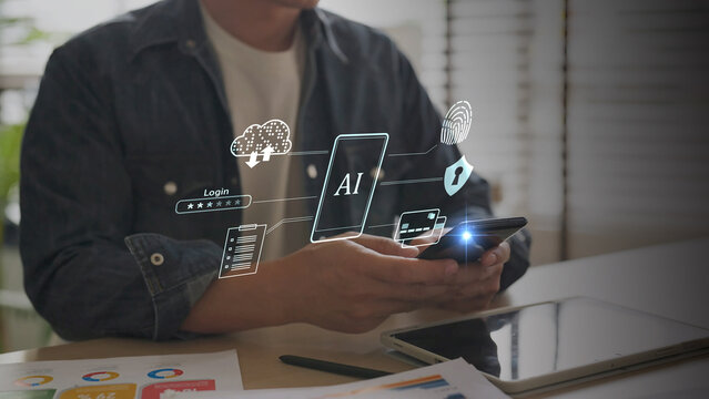 Mobile phone artificial intelligence and cyber security technology. Smart digital data protection, cloud network connection, online business communication app, and futuristic innovation concept.