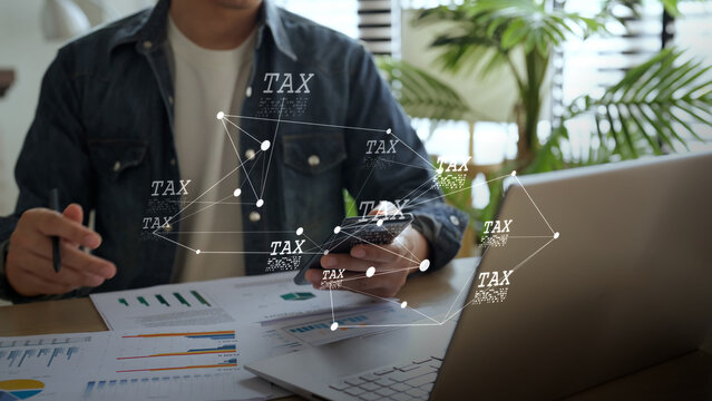Digital tax filing Tax return financial planning analyzing  data revenue deductions filing income tax online payment mobile app computer technology. Business tax management economy 