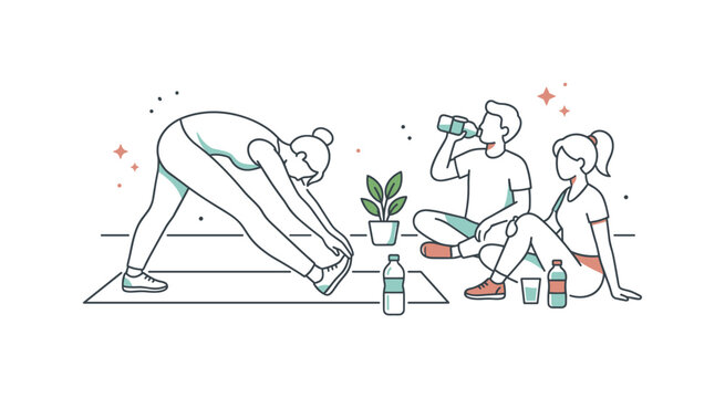 Small group practicing everyday wellness with one central figure bending forward in a stretch while others sit calmly and hydrate