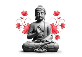 Fototapeta premium A serene grayscale buddha statue sits in a meditative pose surrounded by artistic red lotus flowers