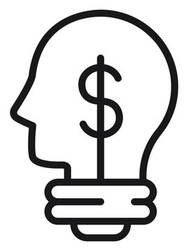 Business idea and financial creativity vector icon illustration featuring a human head profile merged with a light bulb and a dollar sign, representing investment thinking and monetization.