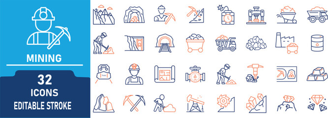 Mining Industry Line Icon Set  .Contain to related icons Coal, Miner, Excavation, Drill, Quarry, Equipment  Mineral Extraction and more. Editable Stroke Vector Collection. © PixiLine
