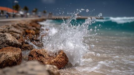 Obraz premium A dynamic splash of sea water against rocks