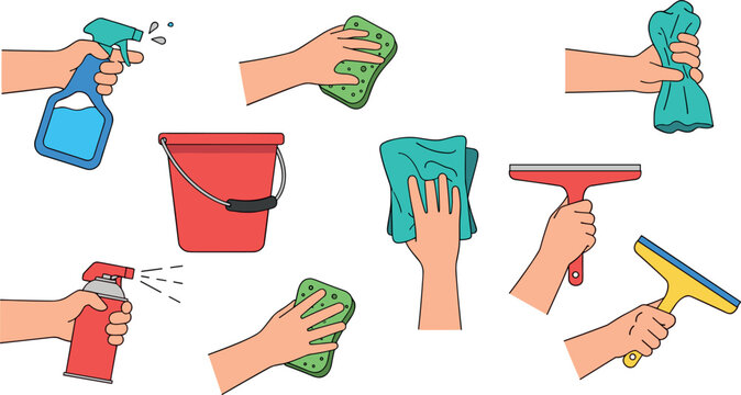 Cleaning tools and supplies collection with hands using spray bottle sponge cloth bucket and squeegee hygiene illustration set