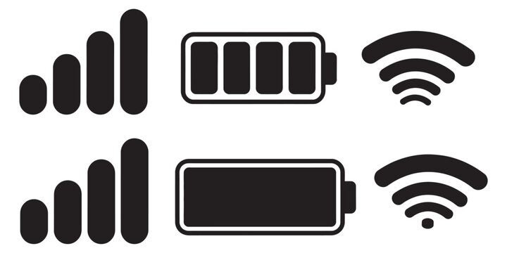 Mobile interface top bar icon set, iPhone iOS notification bar icons, battery WiFi signal indicators, minimalist vector UI design