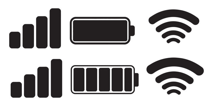 Mobile interface top bar icon set, iPhone iOS notification bar icons, battery WiFi signal indicators, minimalist vector UI design
