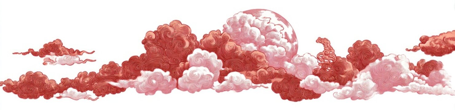 A painterly rendering of clouds in shades of rose and white against a bright background