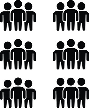 A black and white illustration showing six groups of three people symbols arranged in two columns.