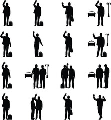 Businessmen Silhouettes Hailing Taxis and Waving Goodbye with Luggage Set © parves5203