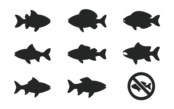 Simple black silhouettes of various fish swimming and a no fishing sign