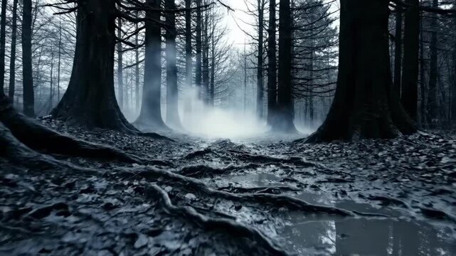 A dark and moody forest scene with misty atmosphere and bare trees