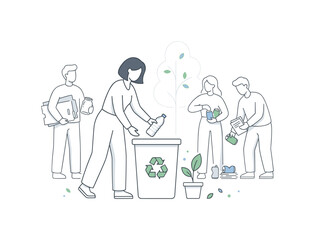 Obraz premium Group of people gathered in an everyday eco action with one central person placing recyclables into a bin while others hold