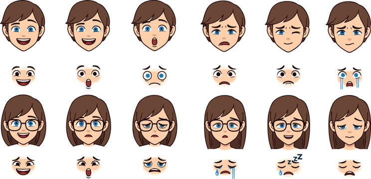 Cartoon character facial expressions vector set featuring male and female avatars with emotions like happy sad angry surprised and crying faces