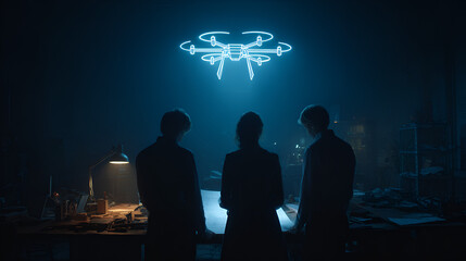 Fototapeta premium Engineering Team Designing Drone with Futuristic Hologram Interface in Dark Office