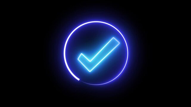 Modern glowing neon checkmark inside circle illustrating confirmation and trust. Glowing neon checkmark inside circle symbolizing confirmation and approval with black background.