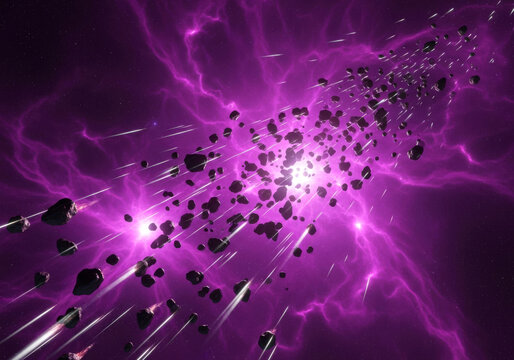 A dense cluster of dark asteroids and space debris hurtles through a vibrant purple nebula, illuminated by bright celestial lights, creating a sense of cosmic chaos and motion.
