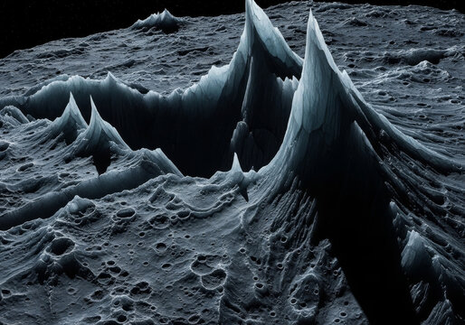 Dramatic, alien landscape with sharp, icy peaks and craters under a dark, starry sky, evoking a sense of mystery and exploration in deep space.