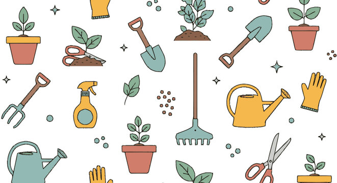 Gardening tools and potted plants.