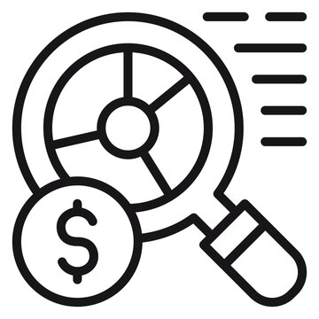 Financial Analysis and Market Research Vector Icon Illustration Featuring a Magnifying Glass with a Pie Chart and a Dollar Sign Coin, Representing Business Auditing, Data Tracking, and Investment.