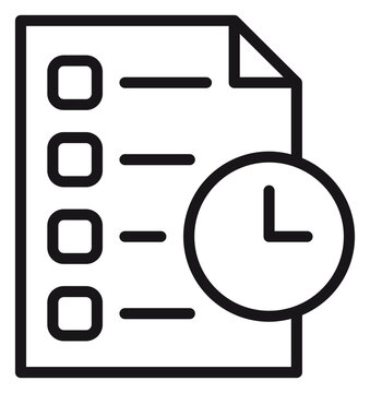 Black and white vector icon illustration of a document checklist with a clock symbol, representing time management, task scheduling, project deadlines, and productivity tracking.