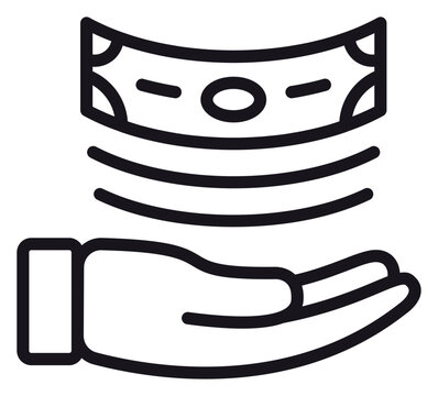 Black minimalist vector icon illustration of a hand holding a stack of floating banknotes, representing money, finance, payment, salary, donation, investment, and wealth on white background.
