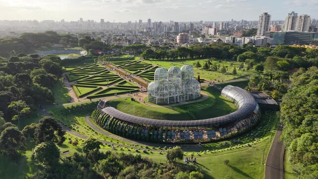Botany Garden of Curitiba Brazil. Panorama landscape of leisure park at Curitiba, Brazil. Nature landscape. People have fun at this natural park. Curitiba, Brazil.