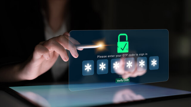 Woman using touchscreen device to enter OTP code for secure sign-in process, showcasing modern technology and digital security measures in action Sigmoid