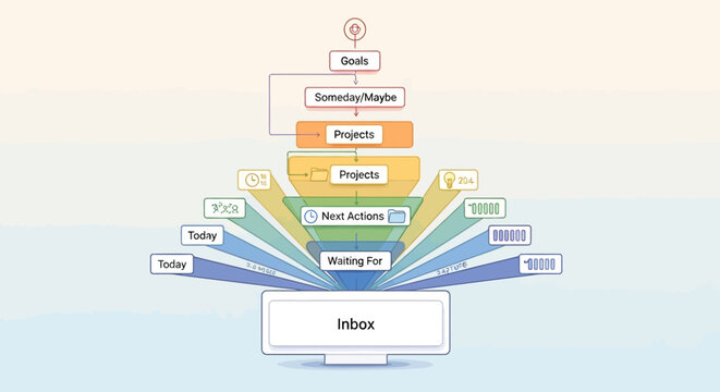 Visual representation of a productivity and task management workflow with categorized tasks and goals.
