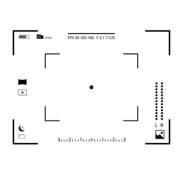 Black vector illustration of digital camera viewfinder interface with focus points, fps, iso, shutter, battery, sd card on white background