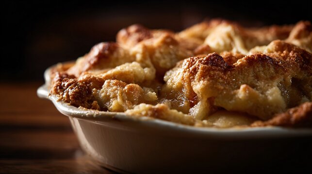 Apple cobbler with rustic broken crust detail, uneven texture, warm lighting emphasizing depth