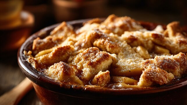 Apple cobbler with rustic broken crust detail, uneven texture, warm lighting emphasizing depth