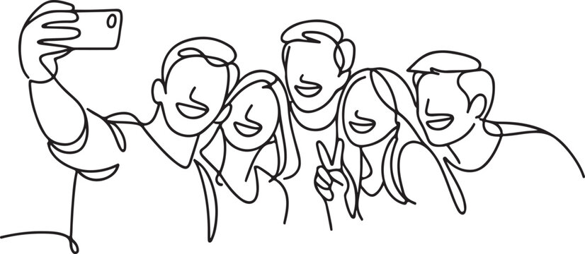 Happy Young Friends Taking Selfie Minimal One Line Art Social Lifestyle Illustration