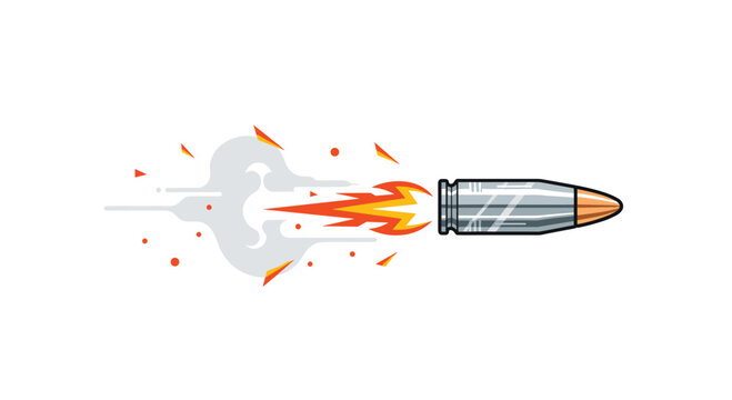 A meticulously detailed silver bullet with a copper tip streaks across a white background while trailing vibrant orange flames and soft grey smoke clouds.