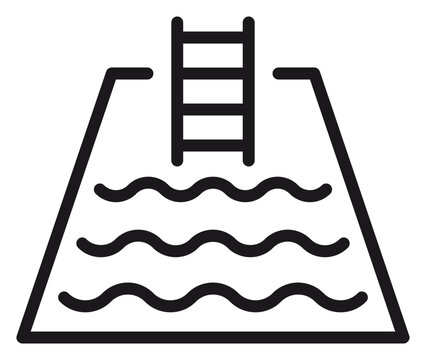 Swimming pool vector icon with ladder and wavy water lines, minimalist black silhouette illustration of a pool for sports, leisure, summer vacation, and swimming concepts, scalable graphic design.