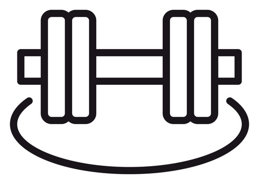 Minimalist black line art vector icon illustration of a dumbbell weight resting on a circular platform, perfect for fitness, gym, bodybuilding, strength training, and healthy lifestyle concepts.