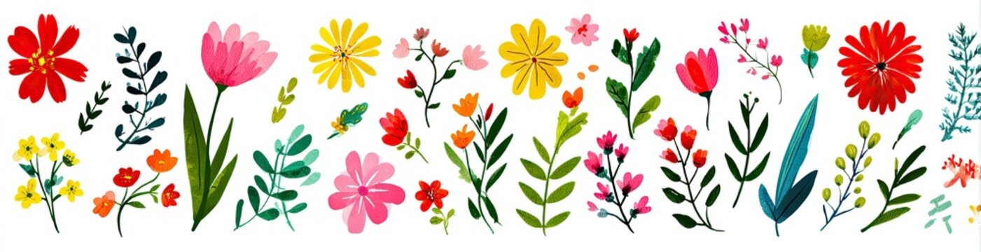 Hand-painted floral arrangement showcasing a vibrant collection of flowers, leaves, and foliage on white