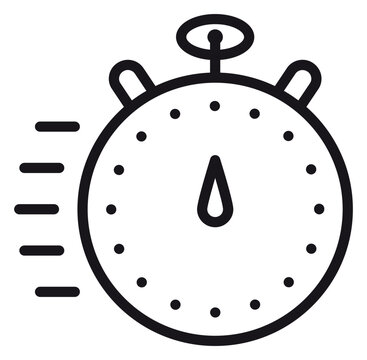 Minimalist black vector icon of a fast stopwatch with motion lines, symbolizing speed, efficiency, and time management. Scalable line art illustration for business, sports, and productivity.