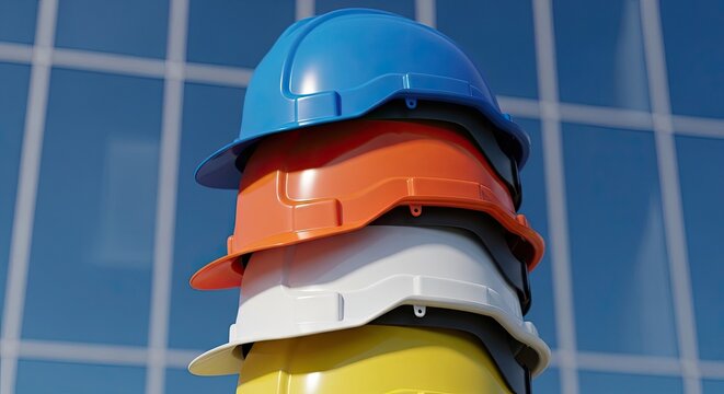 Stack of colorful construction hard hats in front of a blue glass building hardhat safety helmet