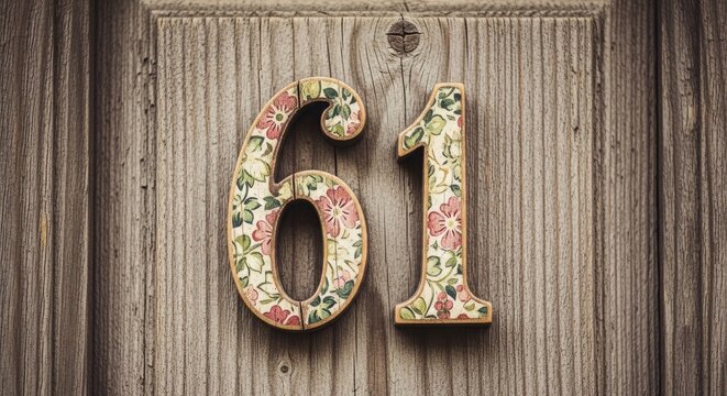 Two wooden numbers 6 and 1 with floral pattern attached to a weathered wooden door sixtyone