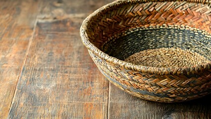 Fototapeta premium Close-up of a rustic, woven bowl placed on a wooden surface