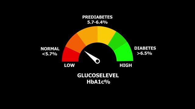 Glucose meter shows blood sugar levels. Medical indicator reflects health monitoring and diabetes risk. Glucose meter showing prediabetes range with normal and low indicator.