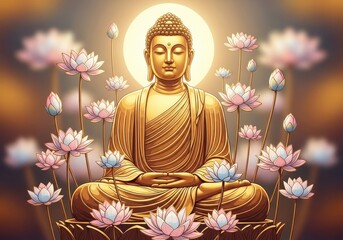 Obraz premium A serene golden buddha statue sits in deep meditation surrounded by vibrant blooming lotus flowers