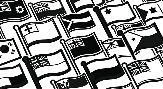 World Flags Icon Set in Minimalist Black and White Line Art Style