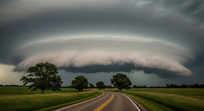 A road with a large storm cloud looming overhead