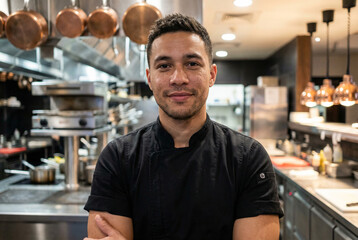 Fototapeta premium Portrait of a confident young male chef in black uniform standing in commercial kitchen