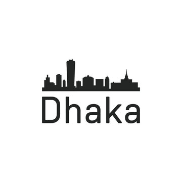 Silhouette of dhaka city skyline with the city name prominently displayed